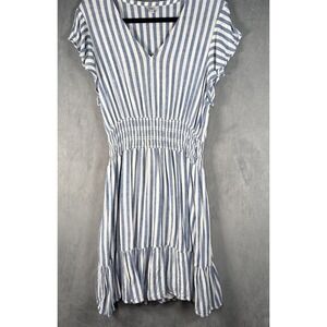 Rails Linen Rayon Blue White Stripe Tara Smocked Flutter Sleeve Mini Dress Sz L